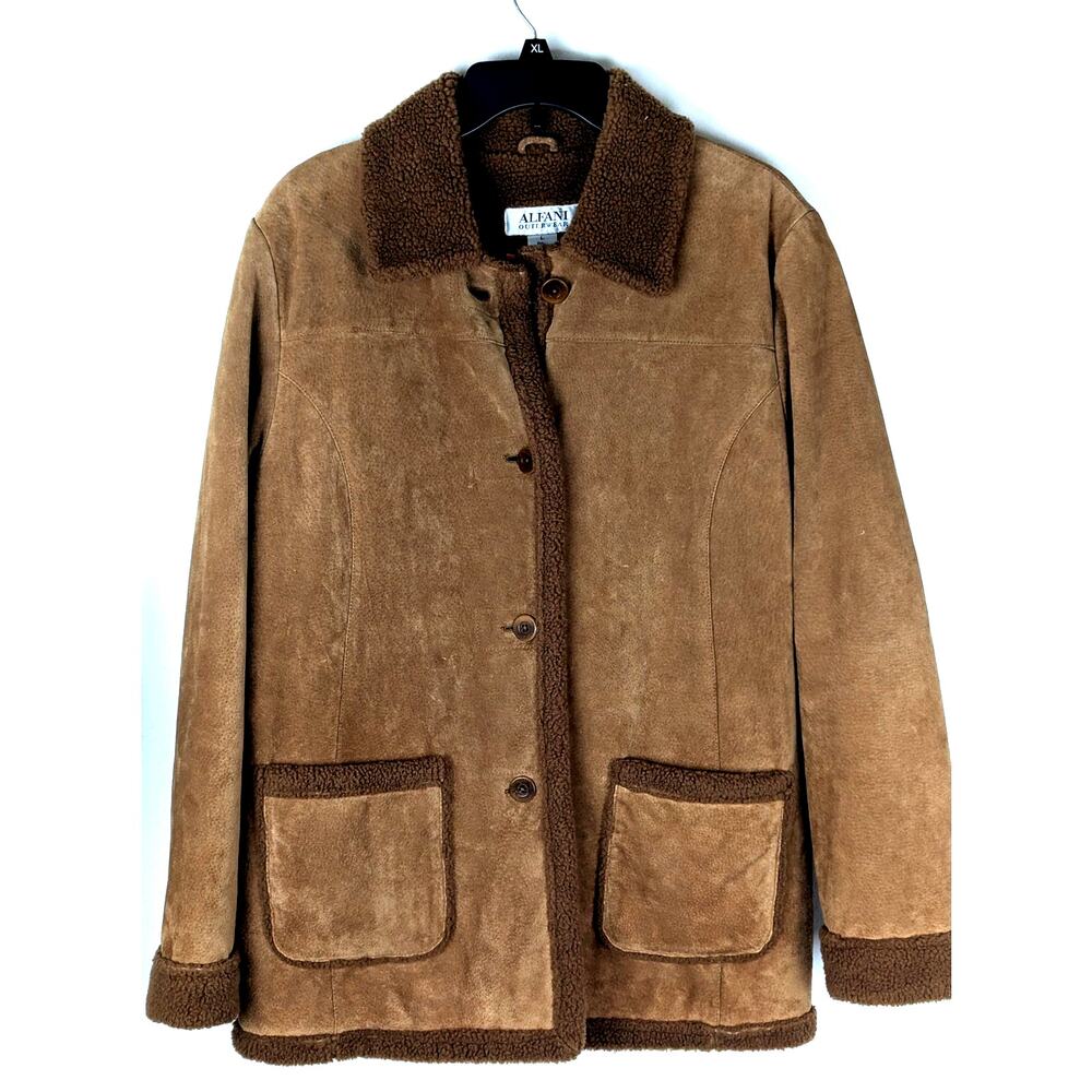 Vintage 90s Suede Wmns Leather Coat Faux Shearling Sherpa Trim Barn Jacket.